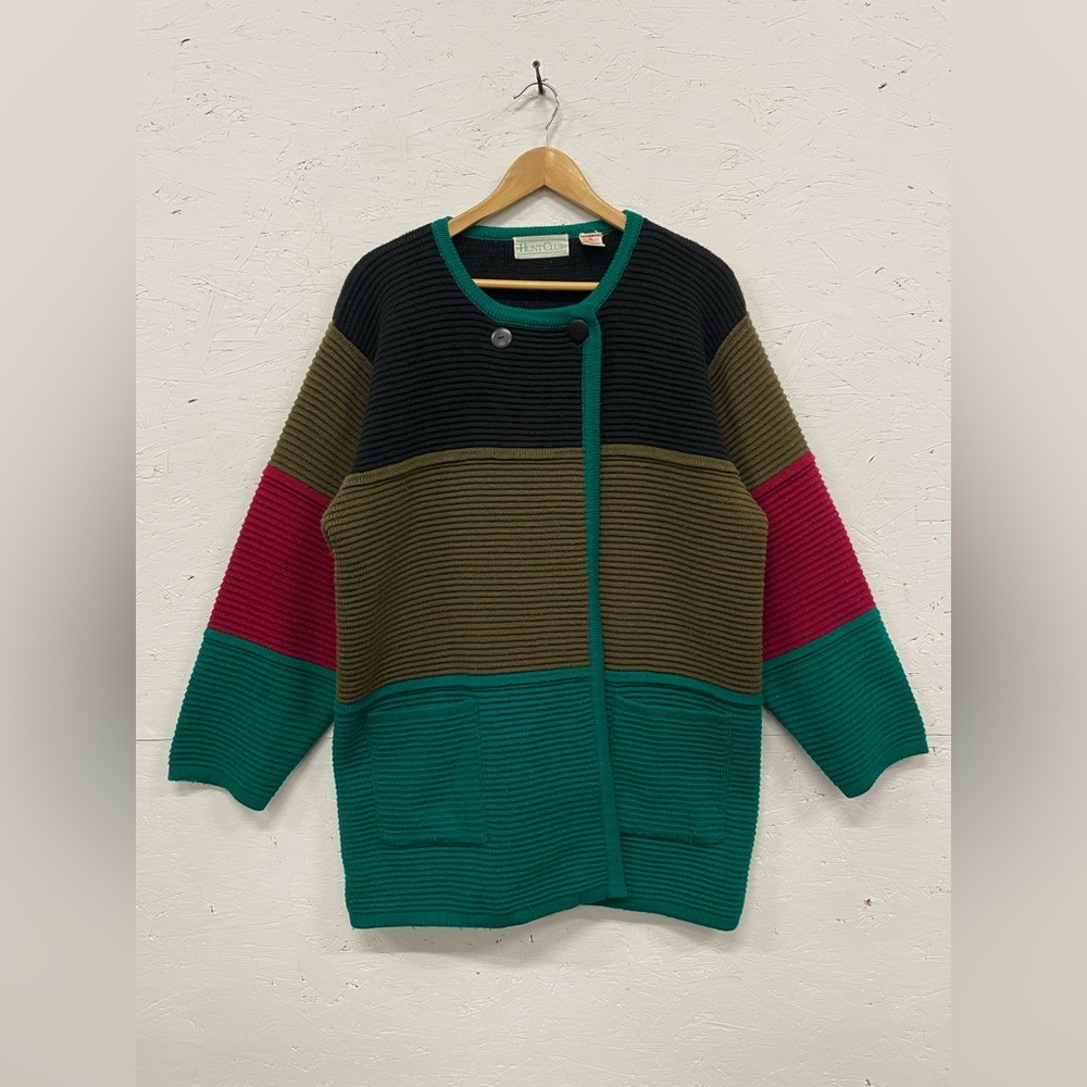 Vintage 90s Hunt Club Color Block Knitted Cardigan Sweater, Size M (Fits Larger)